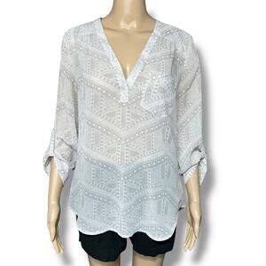 Maurices Womens Blouse Top Pullover V Neck Roll Tab Sleeve Nearly Sheer Gray Med